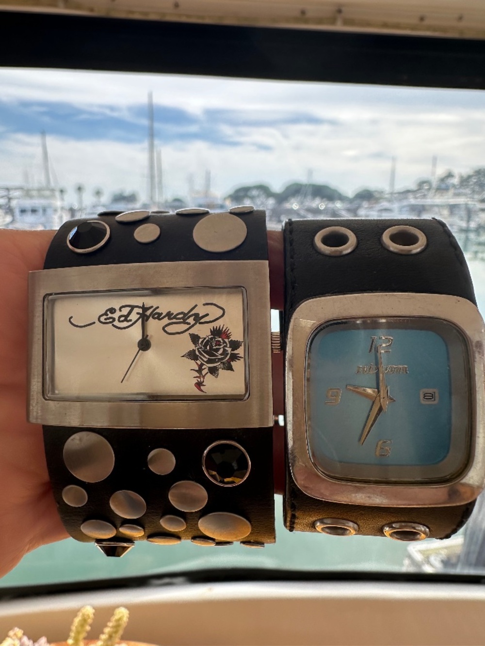 Ed Hardy + Blue Dial Leather Cuff Watch Set